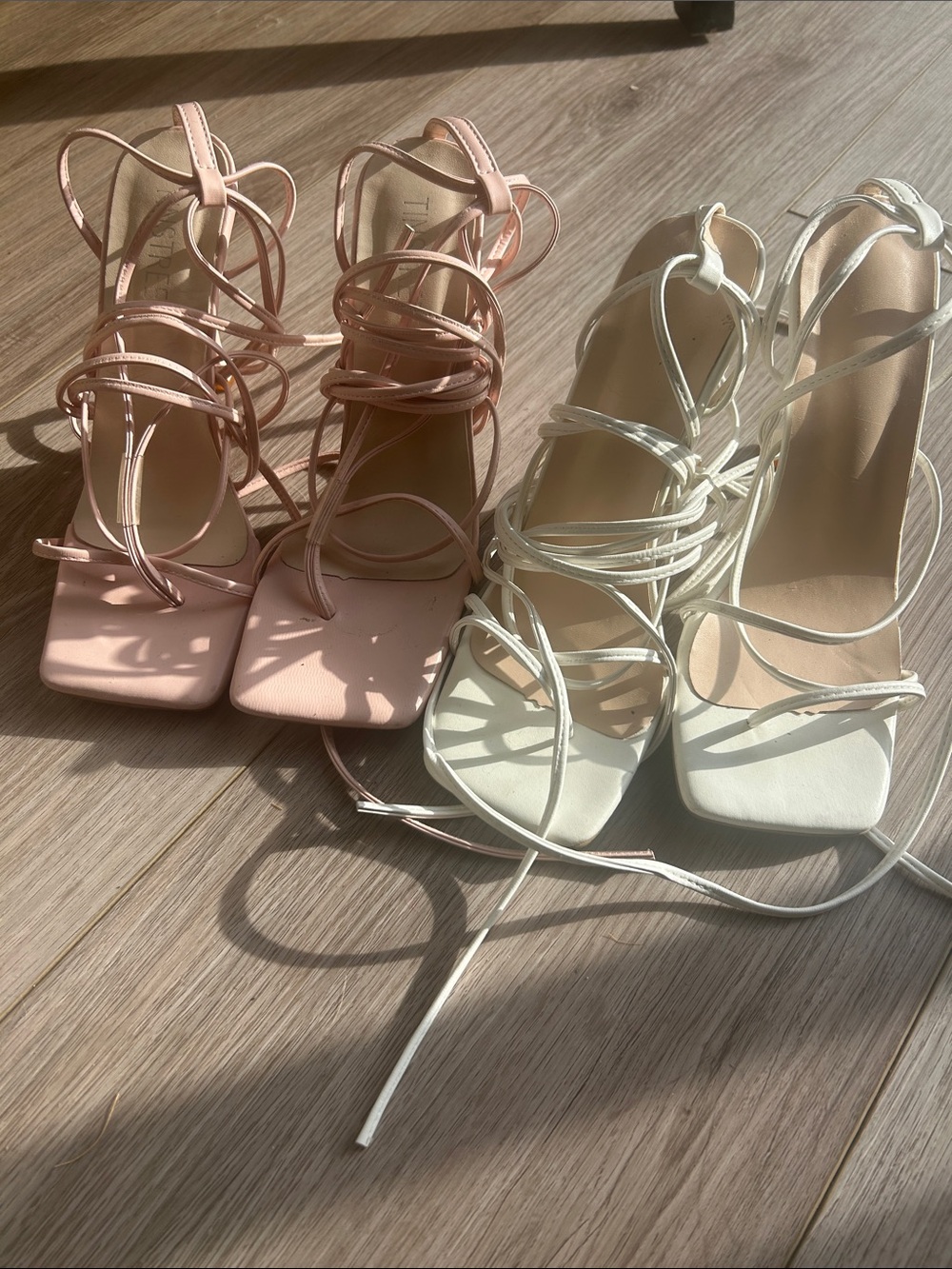 Strappy Square-Toe Lace-Up Heels in Pink and White